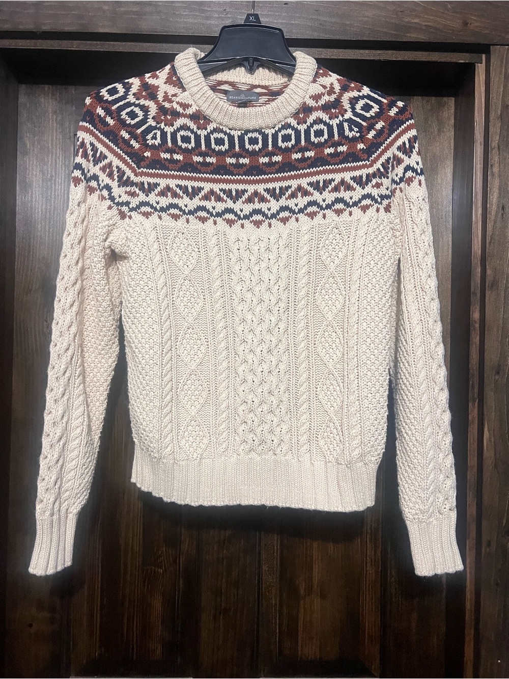 LL Bean Signature Fisherman Cream Cable Knit Sweater HEAVY